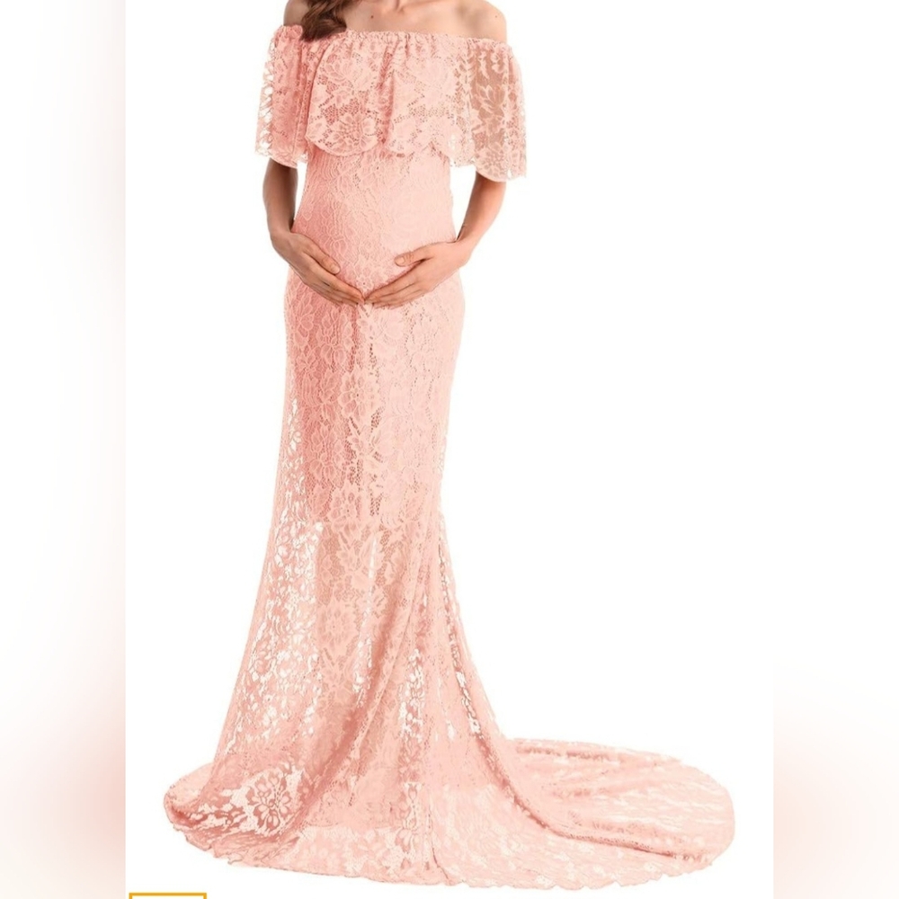 Elegant Off-Shoulder Lace Maternity Dress - Pink